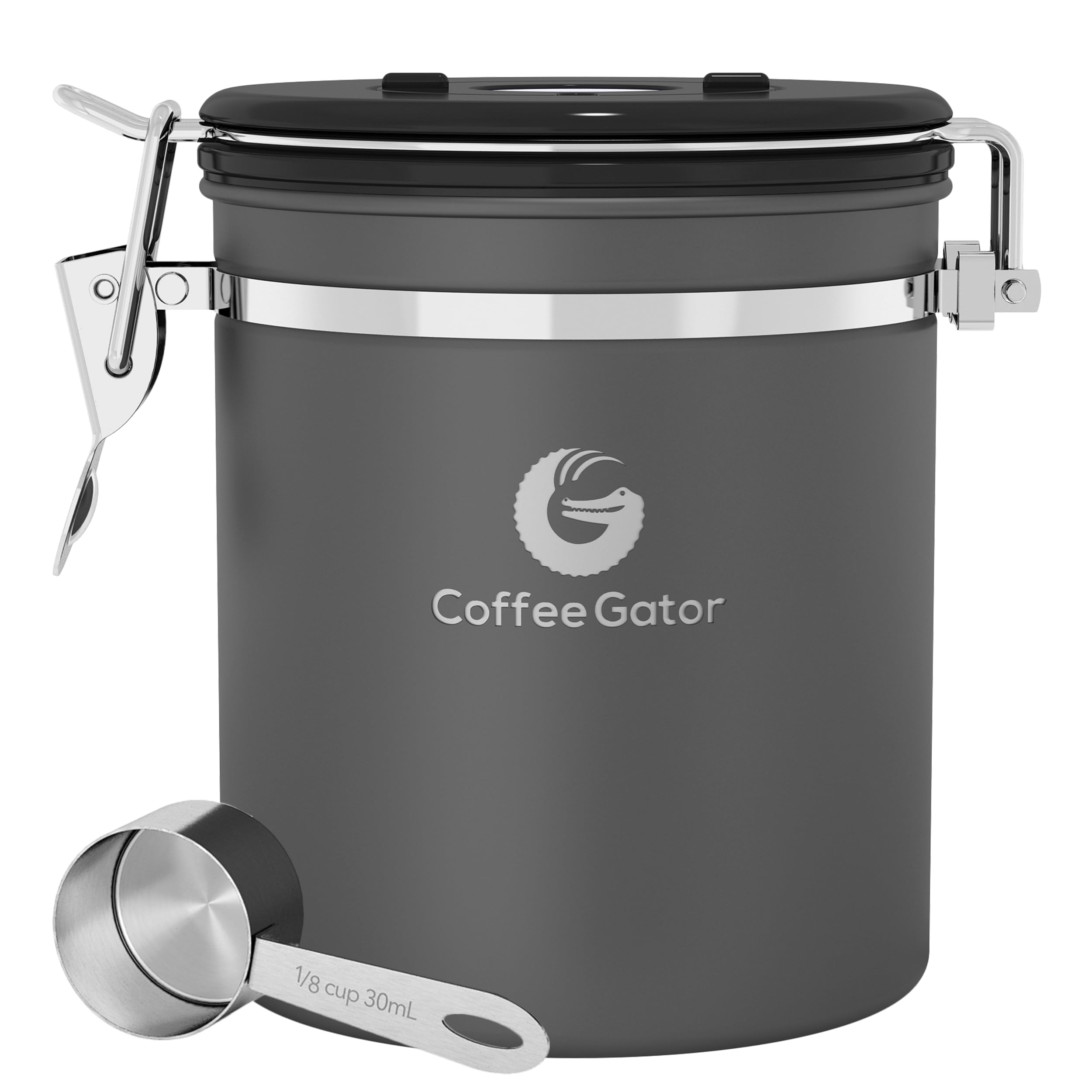 Coffee Gator stainless steel canister with date tracker preserves bean freshness.