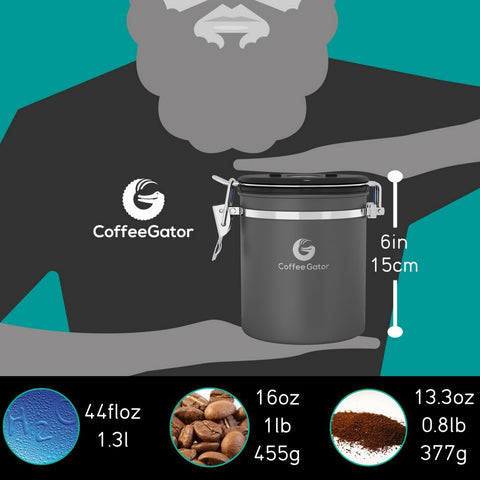 Coffee Gator canister includes a measuring scoop for accuracy.
