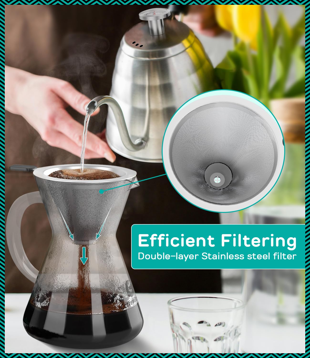 Coffee Gator stainless steel filter demonstrates reusable, clean-taste filtration