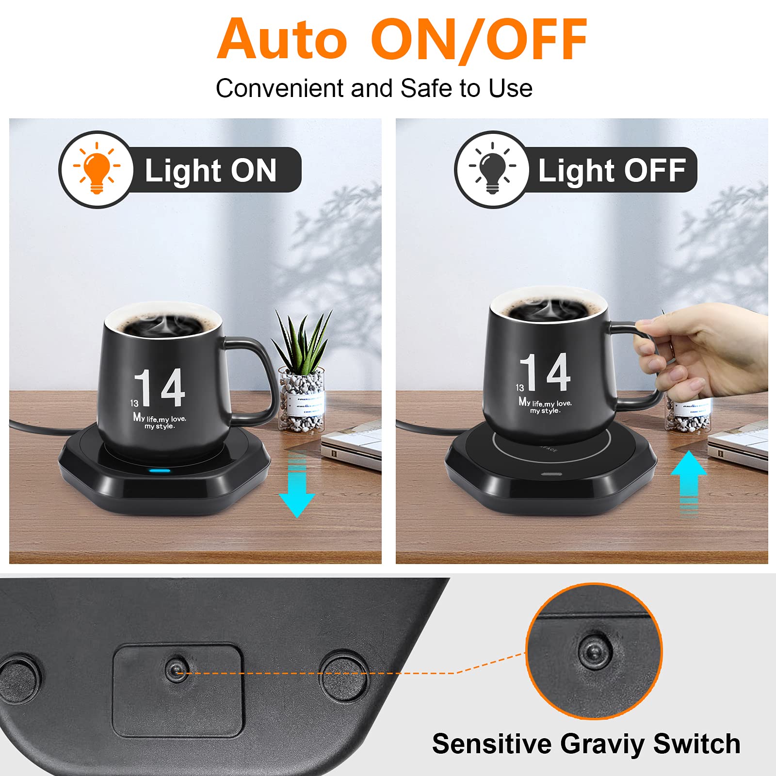 COFFEE MUG WARMER auto on/off activated by gravity switch when a mug is placed.
