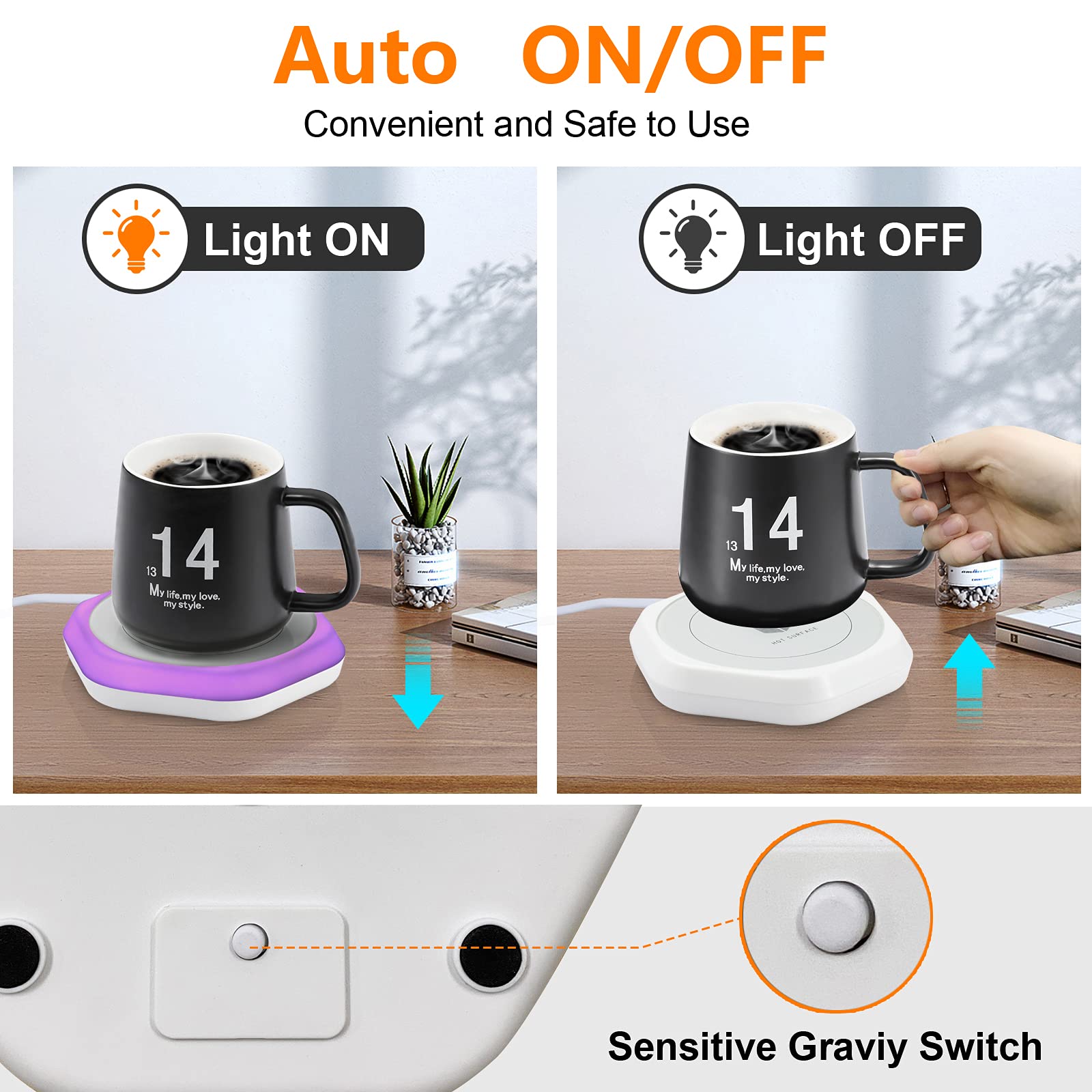 Coffee Mug Warmer auto shut-off indicator for safe hands-off use
