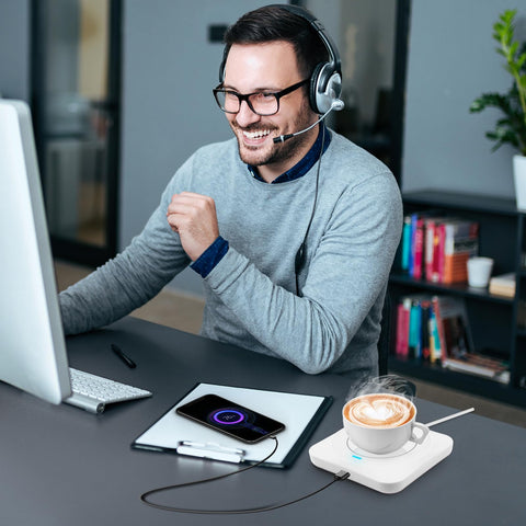 COFFEE MUG WARMER cup compatibility supports ceramic, glass, and metal cups