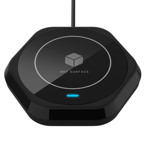 COFFEE MUG WARMER with LED lighting on desk, stylish and warming beverages.