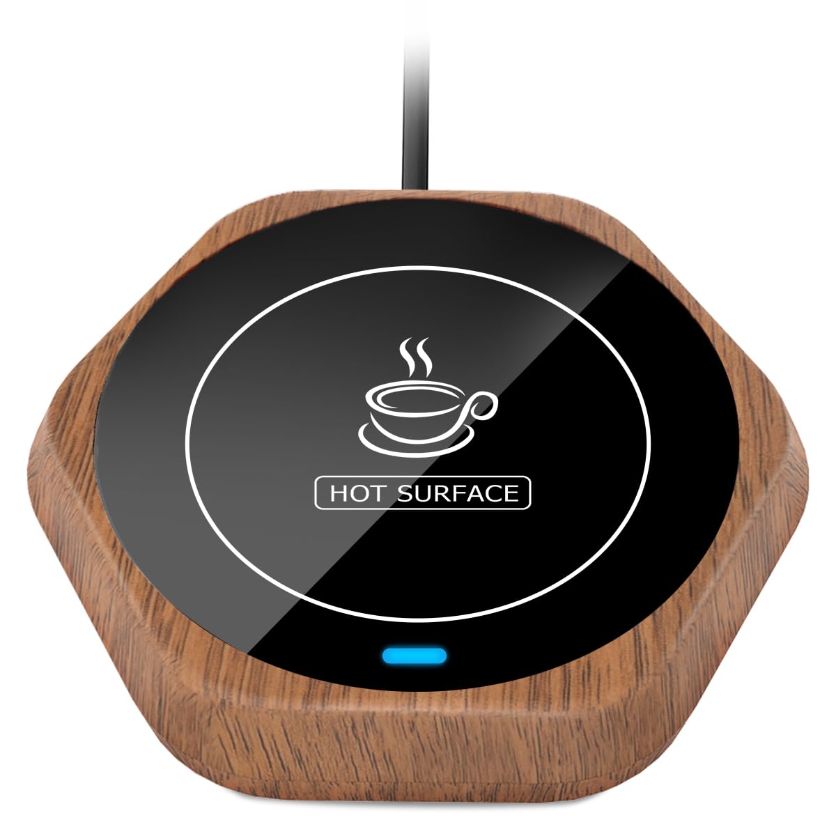 Coffee Mug Warmer with wood-grain finish keeps beverages warm at your desk.