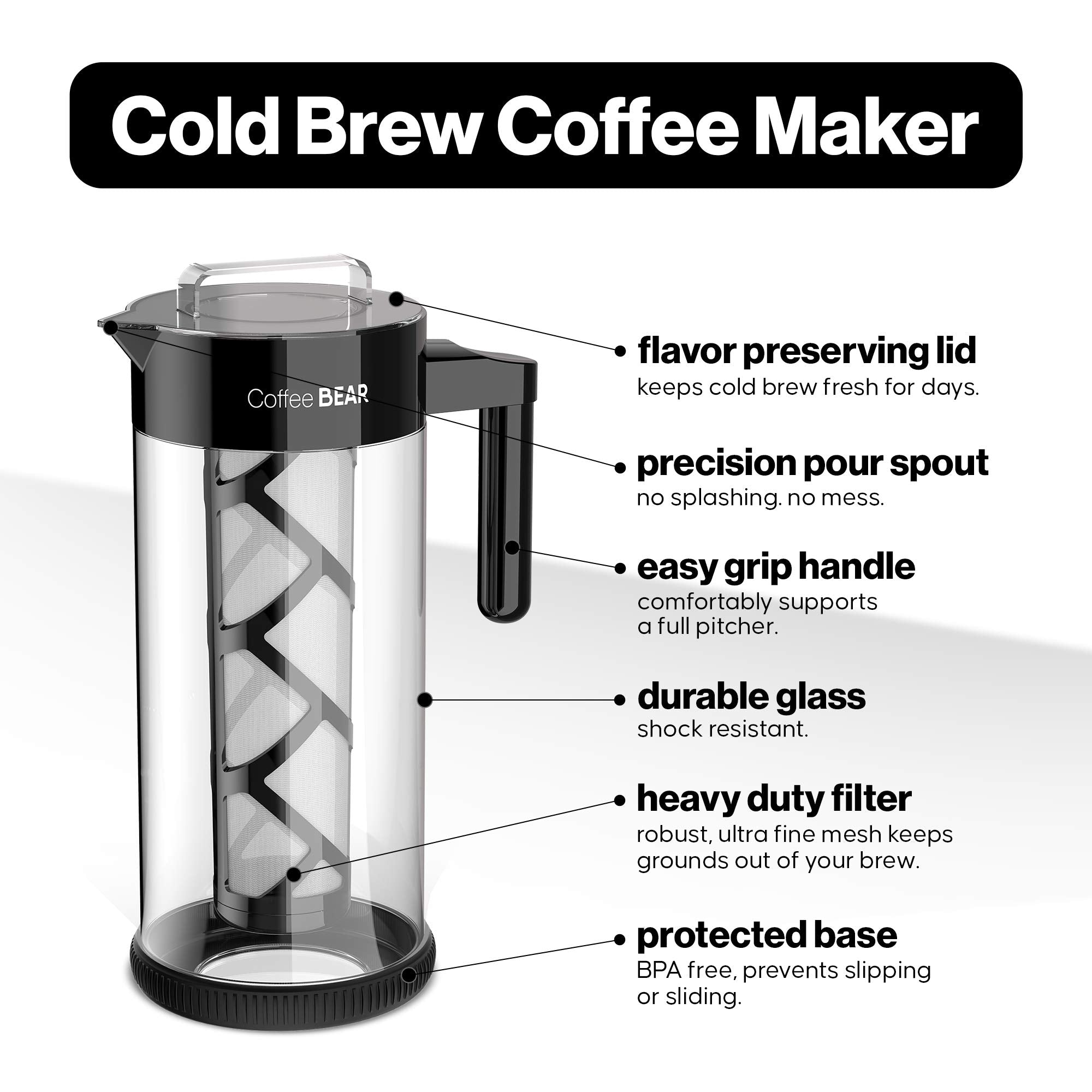 COFFEE BEAR 1300ml capacity pitcher serves up to five cups for entertaining.