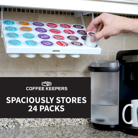 COFFEEKEEPERS 24-pod K-Cup storage keeps pods organized and reachable.