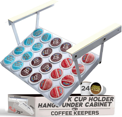 COFFEEKEEPERS under-cabinet K-Cup holder with swing-down access for easy daily use.