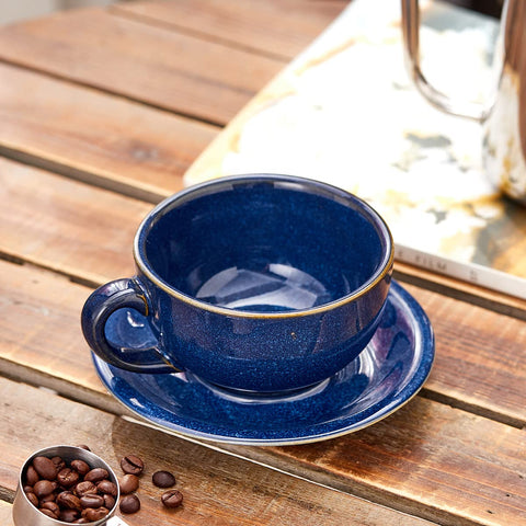 Coffeezone ceramic cup 12oz with saucer, perfect for serving.
