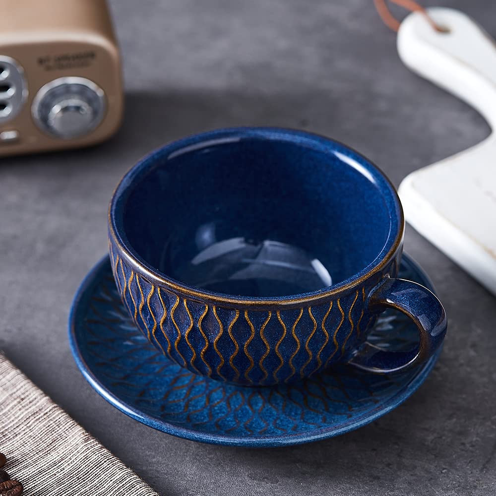 Coffeezone embossed blue cappuccino cup with saucer enhances home barista latte art.