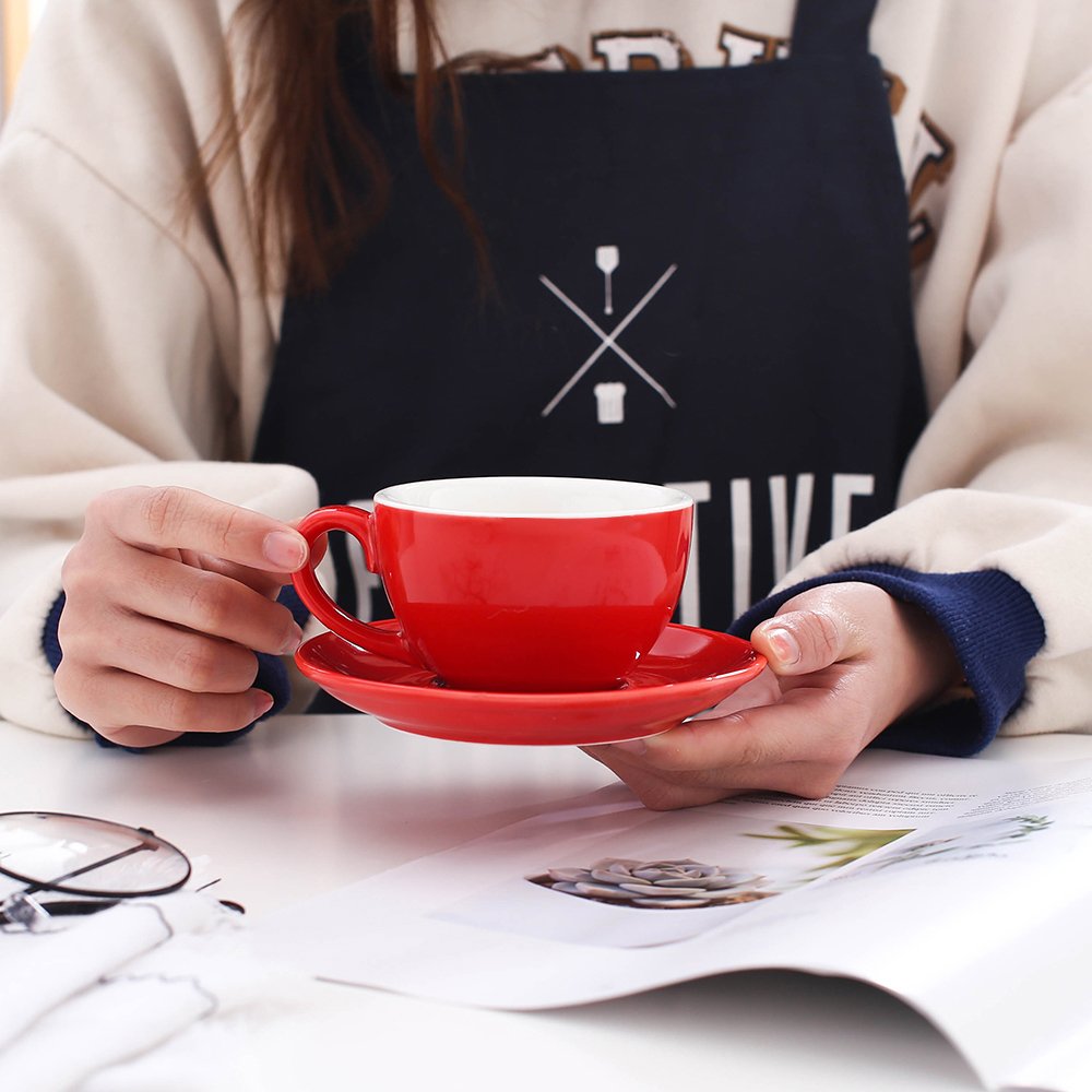 Coffeezone glossy red cup with saucer set for elegant espresso servings.