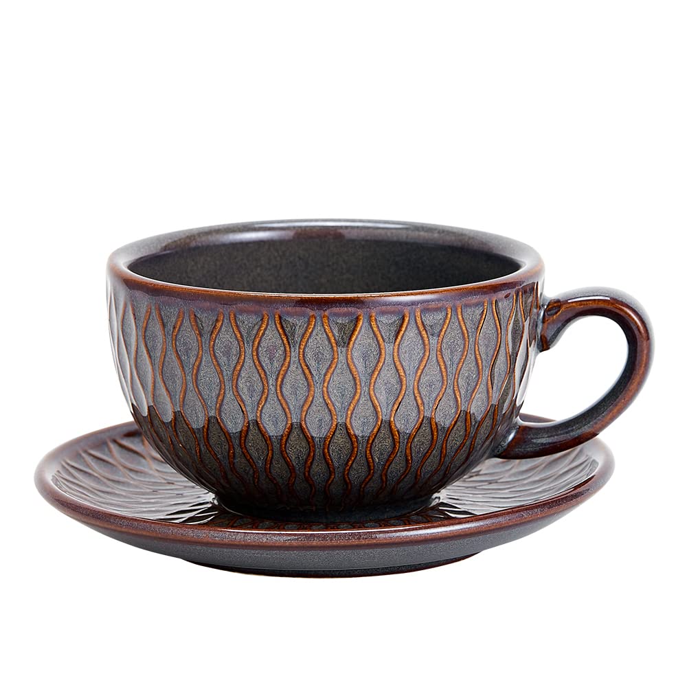 Coffeezone Vintage Design 12oz latte art cup shows embossed grey glaze texture