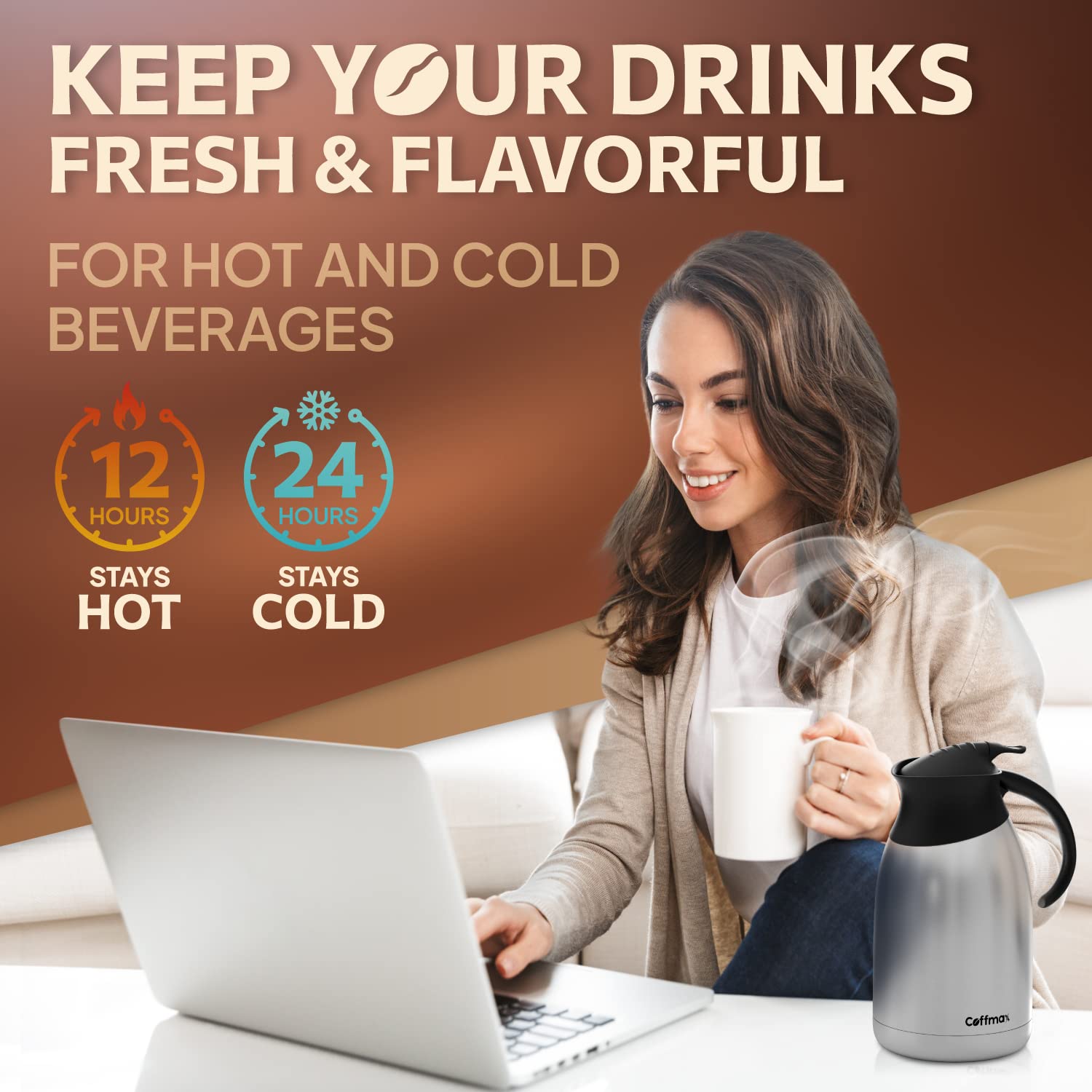 Coffmax push-button pouring system enhances controlled serving and reduces spills.