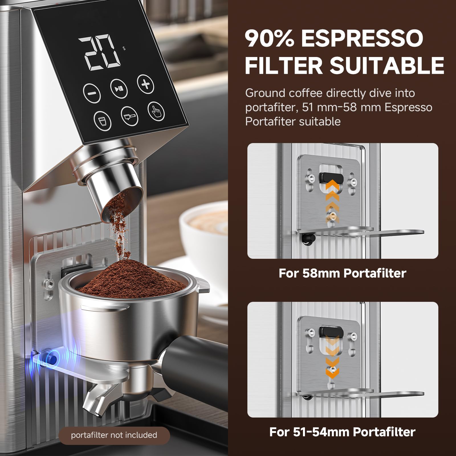COFIBREWS burr grinder shows adjustable portafilter holder fits most funnels