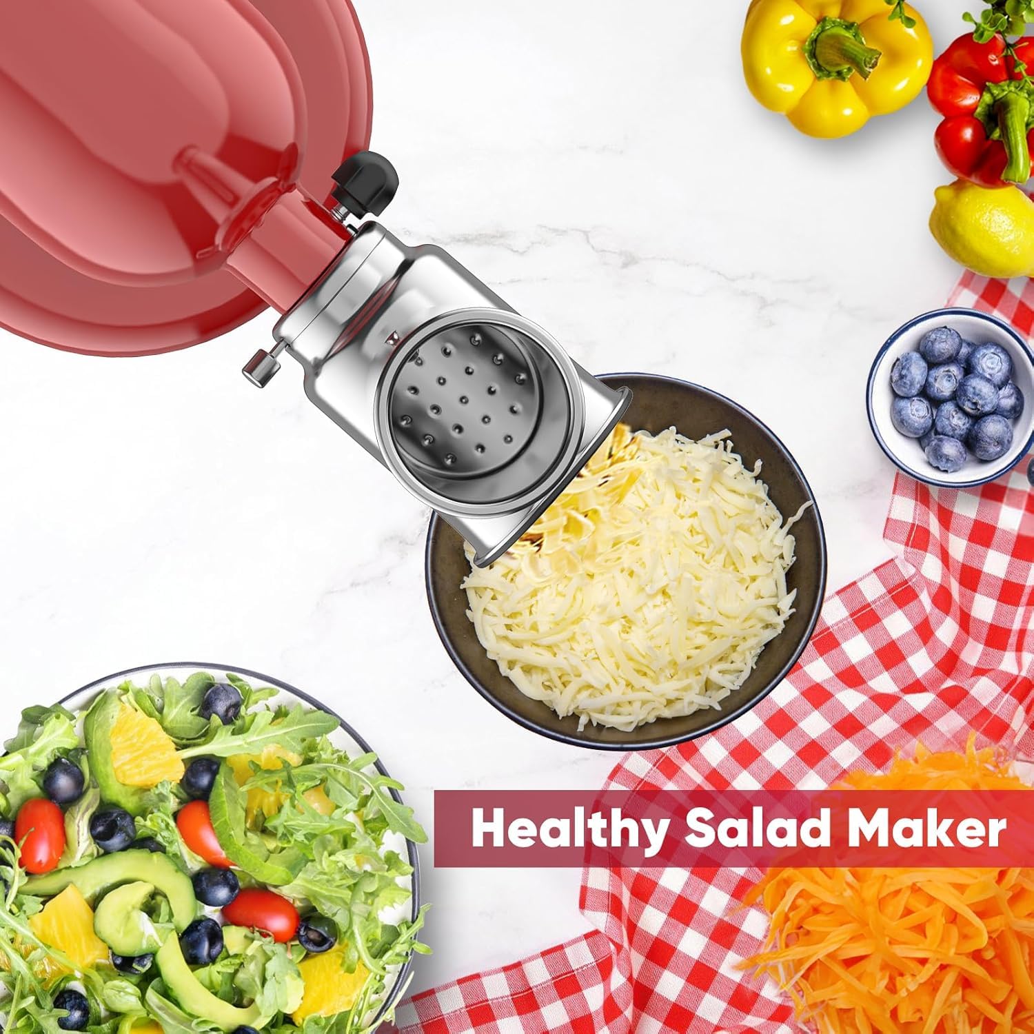 Cofun 4-blade attachment slicing cheese and vegetables with safety-focused design.
