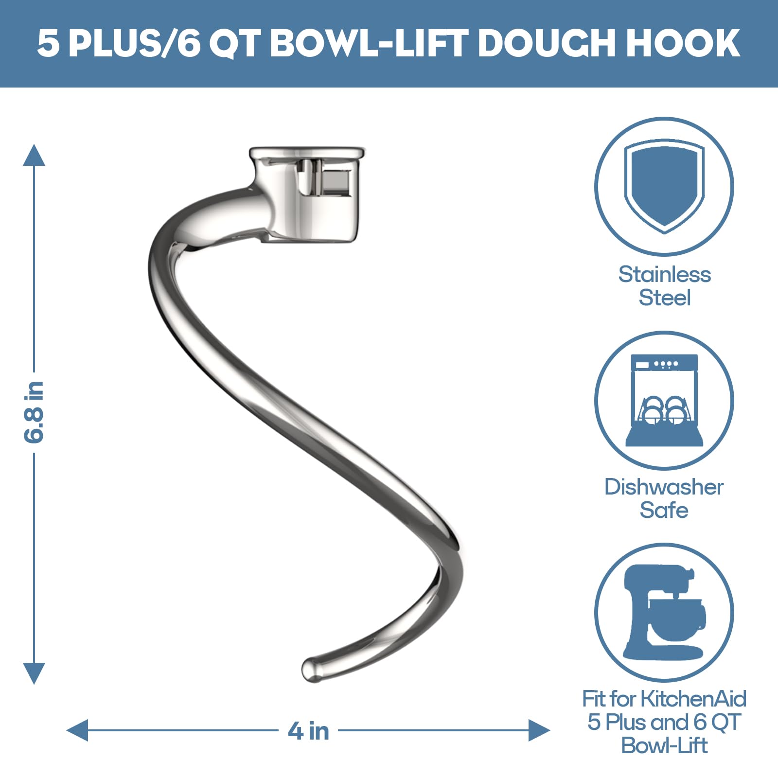 Cofun compatible spiral hook for KitchenAid bowl-lift models.