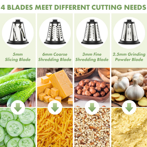 Four stainless steel blades provide multiple textures for shredding and slicing.