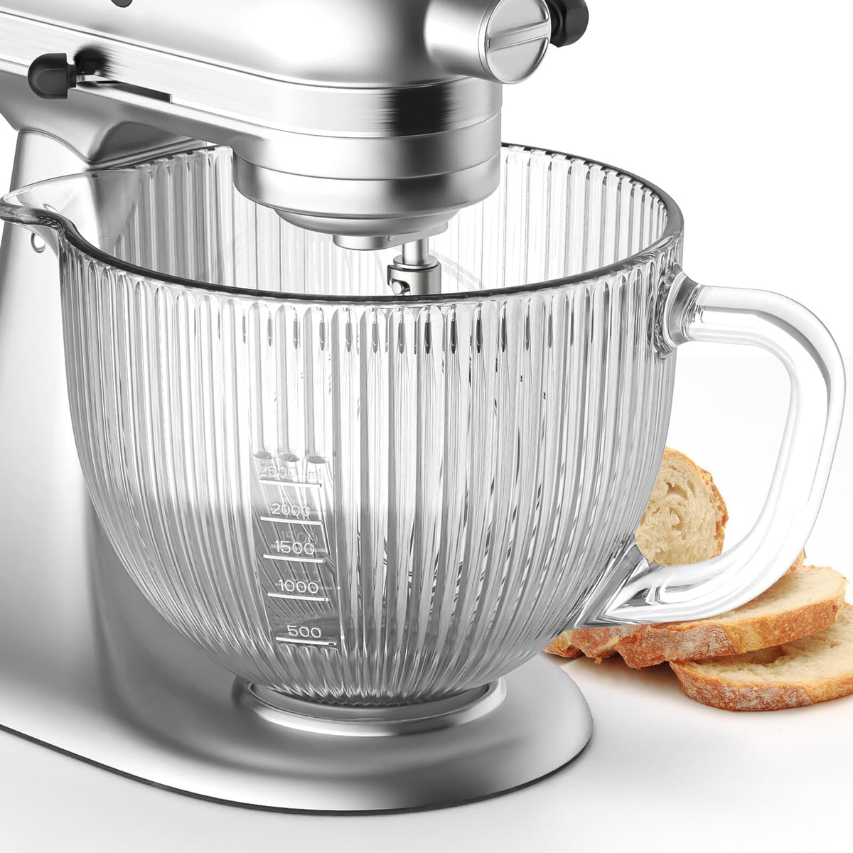 Cofun glass mixer bowl with pour spout for spill-free pouring on tilt-head mixer