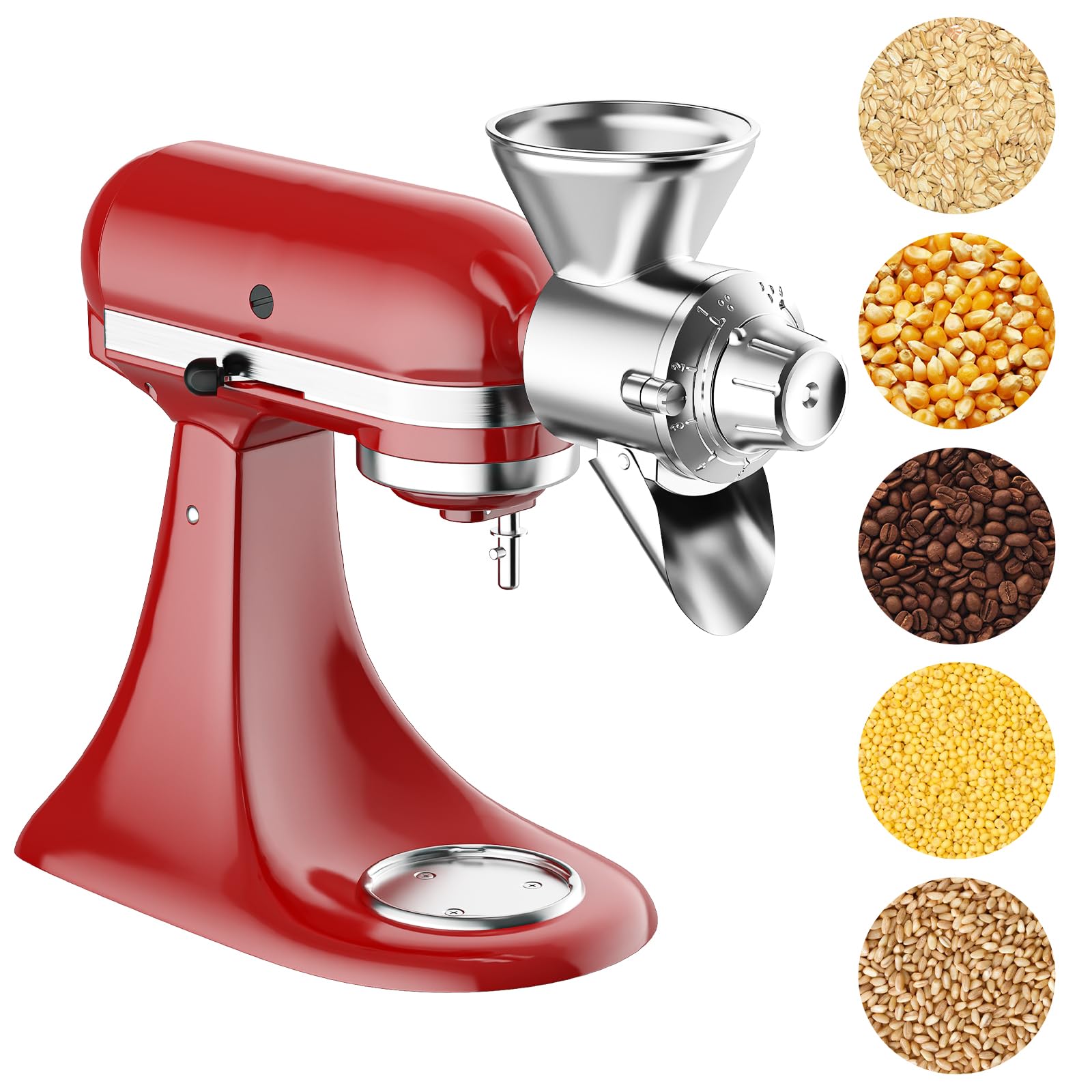 Cofun grain mill attachment on KitchenAid front view showing versatility for fresh flour