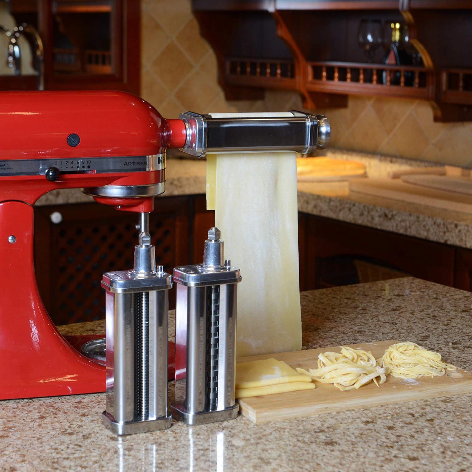 Cofun pasta attachment installed on KitchenAid for easy setup.