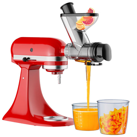 Cofun masticating juicer attachment front view, compact design for space-saving KitchenAid juicing.