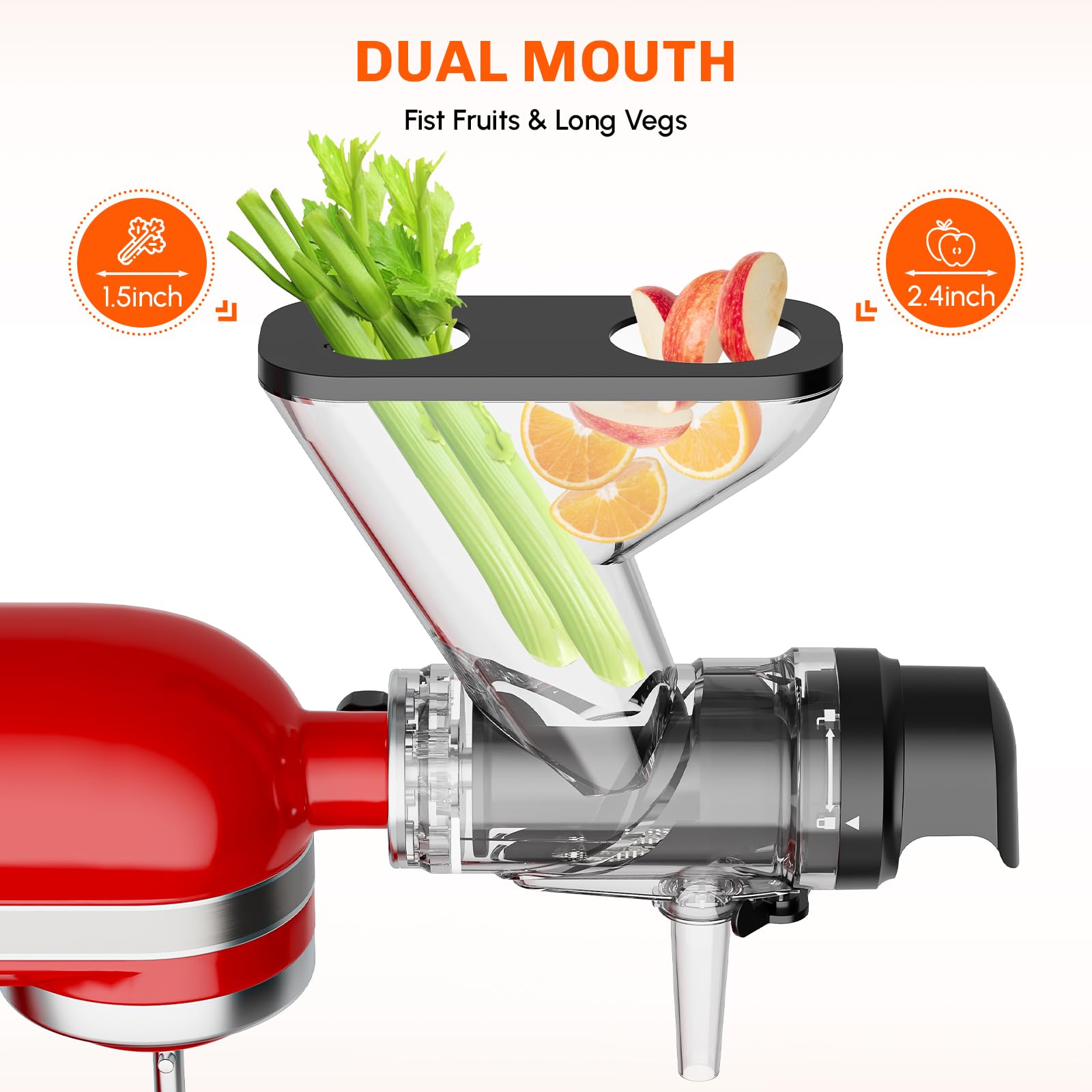 Cofun masticating juicer attachment side view highlighting dual feed chutes for large fruit pieces.