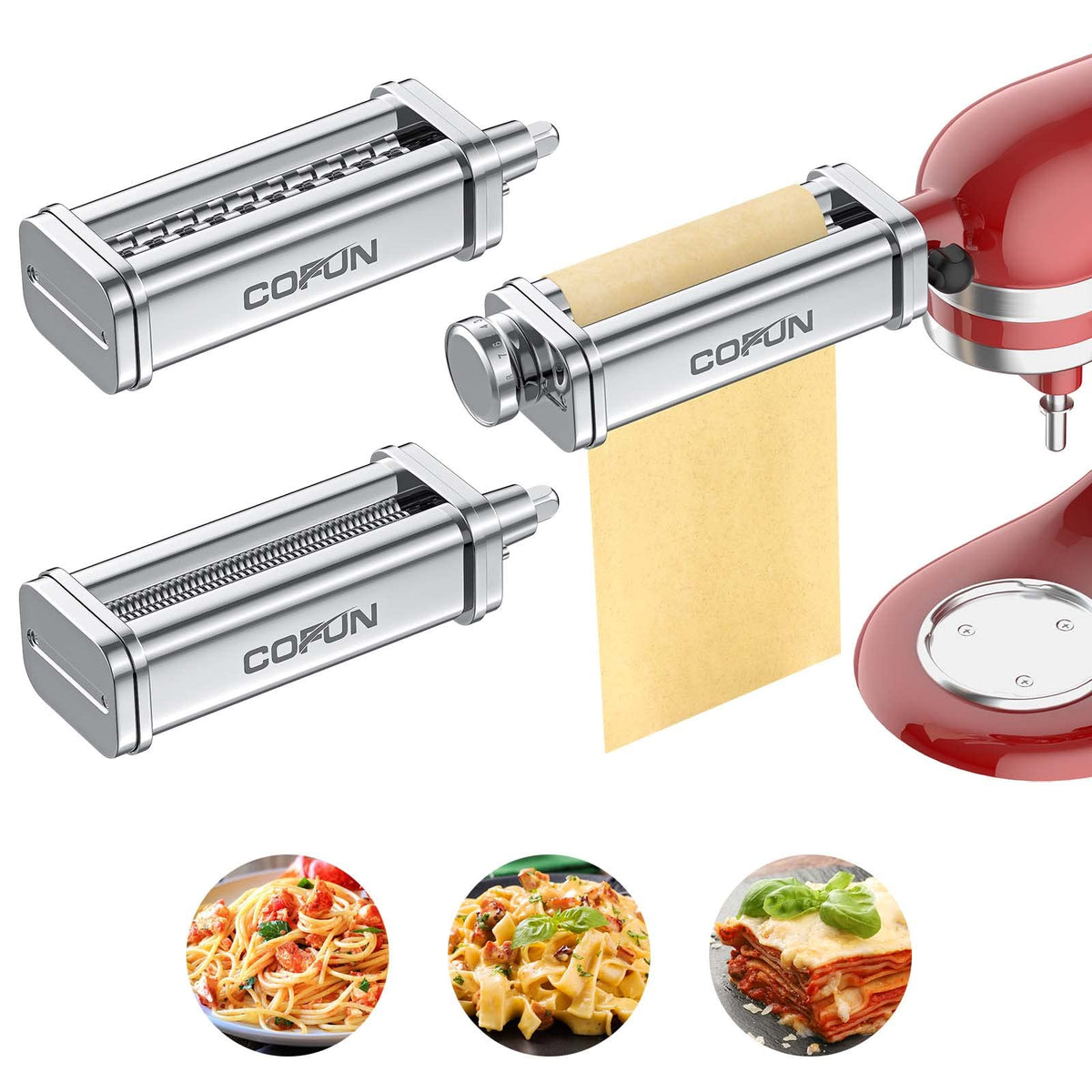 Cofun pasta attachment on KitchenAid roller producing even pasta sheets.