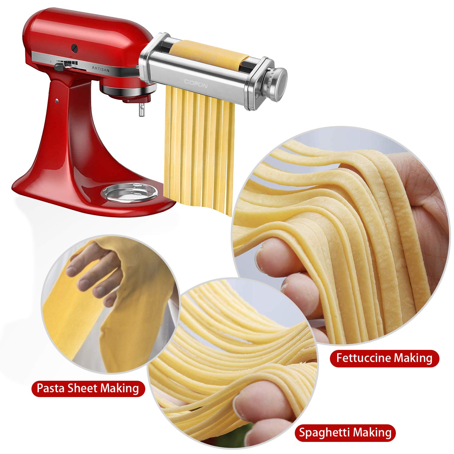 Cofun pasta roller showing eight thickness levels for versatile dough prep.