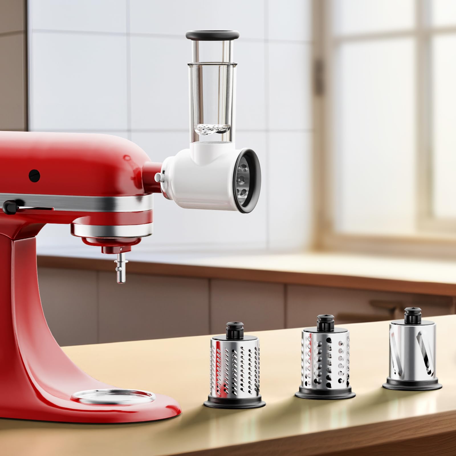 Cofun Slicer Shredder mounted on KitchenAid hub showing universal compatibility