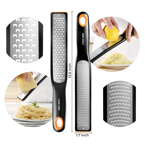 Cohesion etched zester-grater demonstrates cheese grating for fresh parmesan toppings