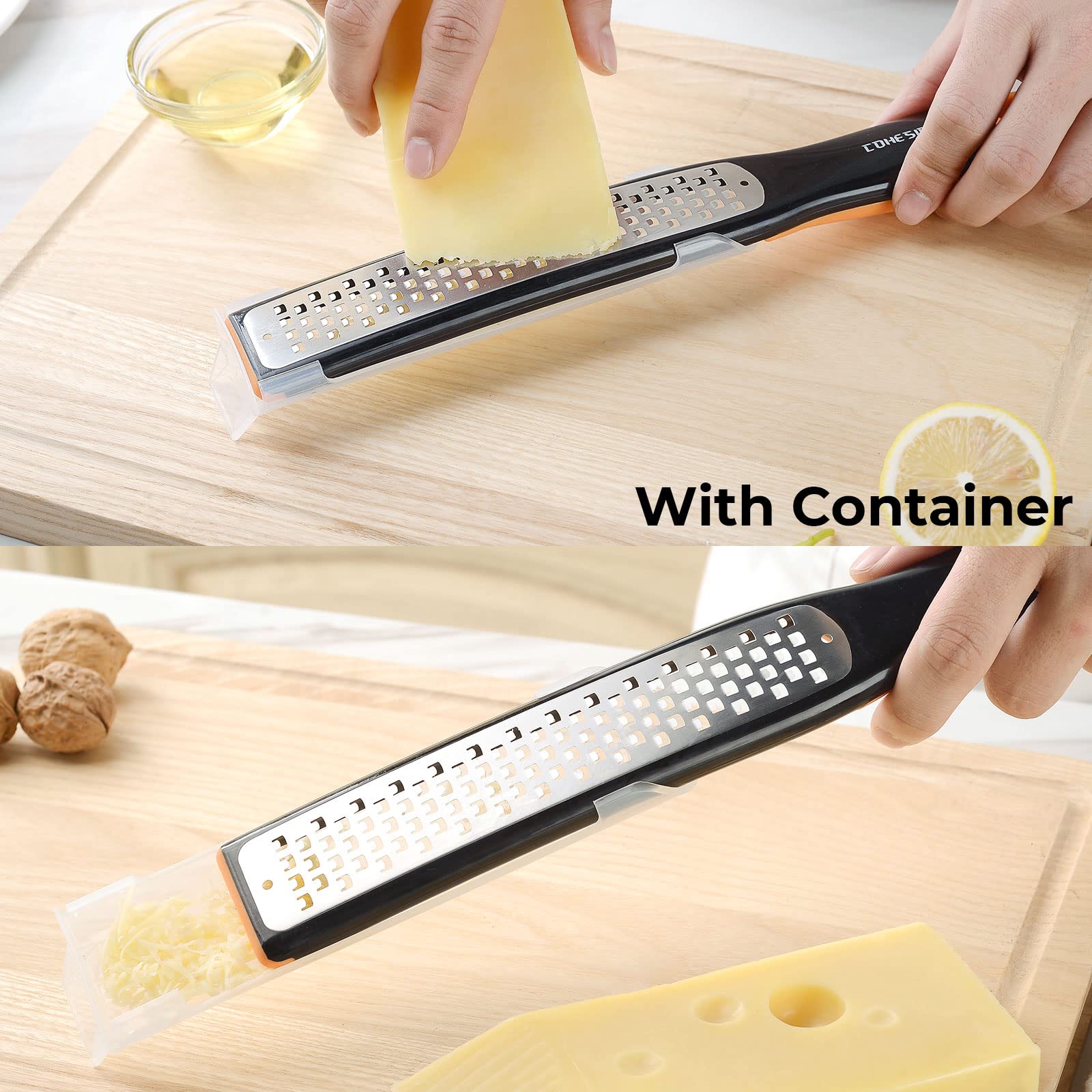 Cohesion etched zester-grater outputs chocolate shavings for dessert finishing