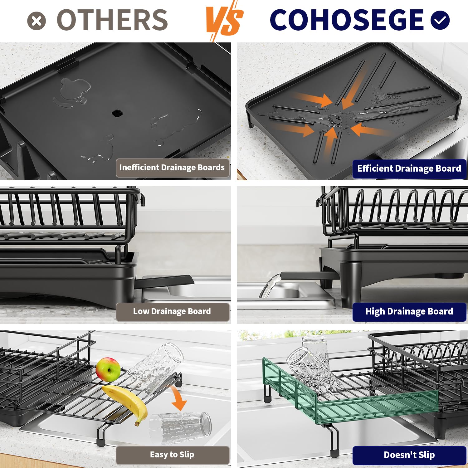 COHOSEGE extendable over-sink rack fits lips in sinks for drainage efficiency.