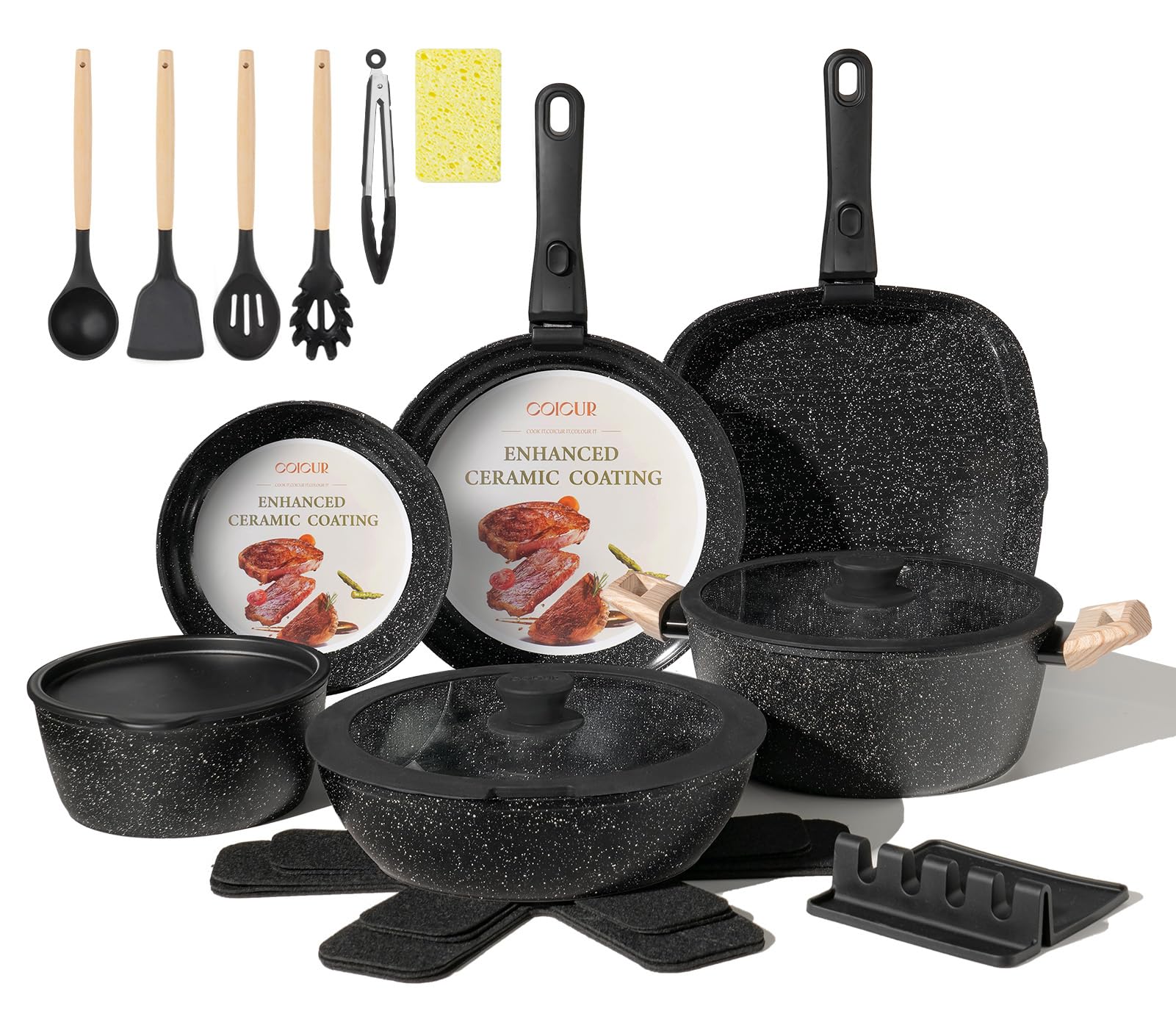 Coicur 23-piece ceramic cookware set ready for everyday cooking and stylish storage.