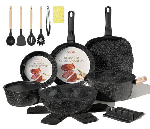 Coicur 23-piece ceramic cookware set ready for everyday cooking and stylish storage.