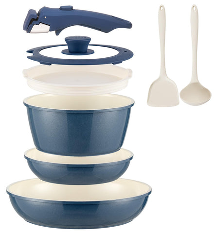 Coicur 8pc navy ceramic cookware set shown with non-stick ease for low-oil cooking