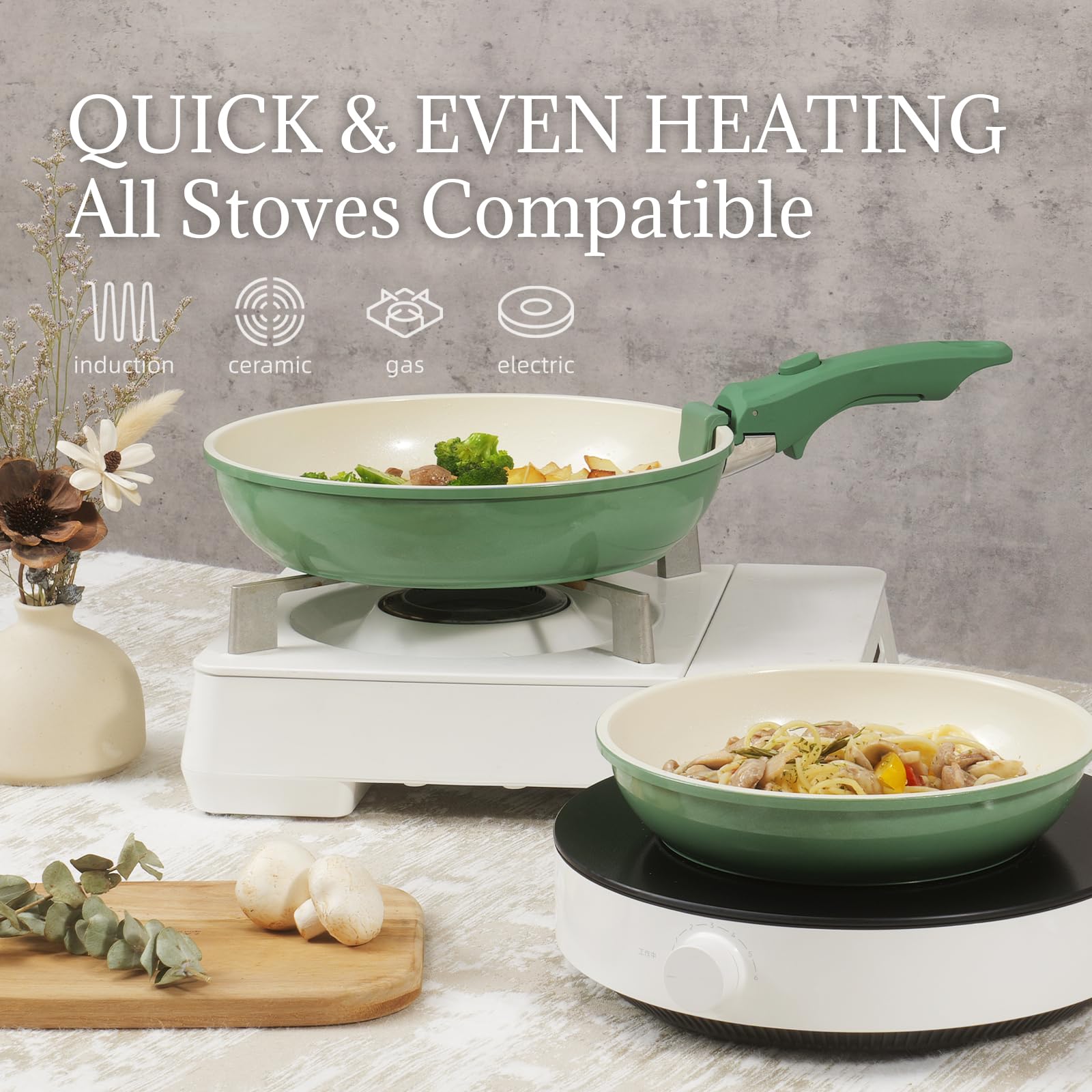 Coicur forest-green cookware adds vibrant style to your kitchen