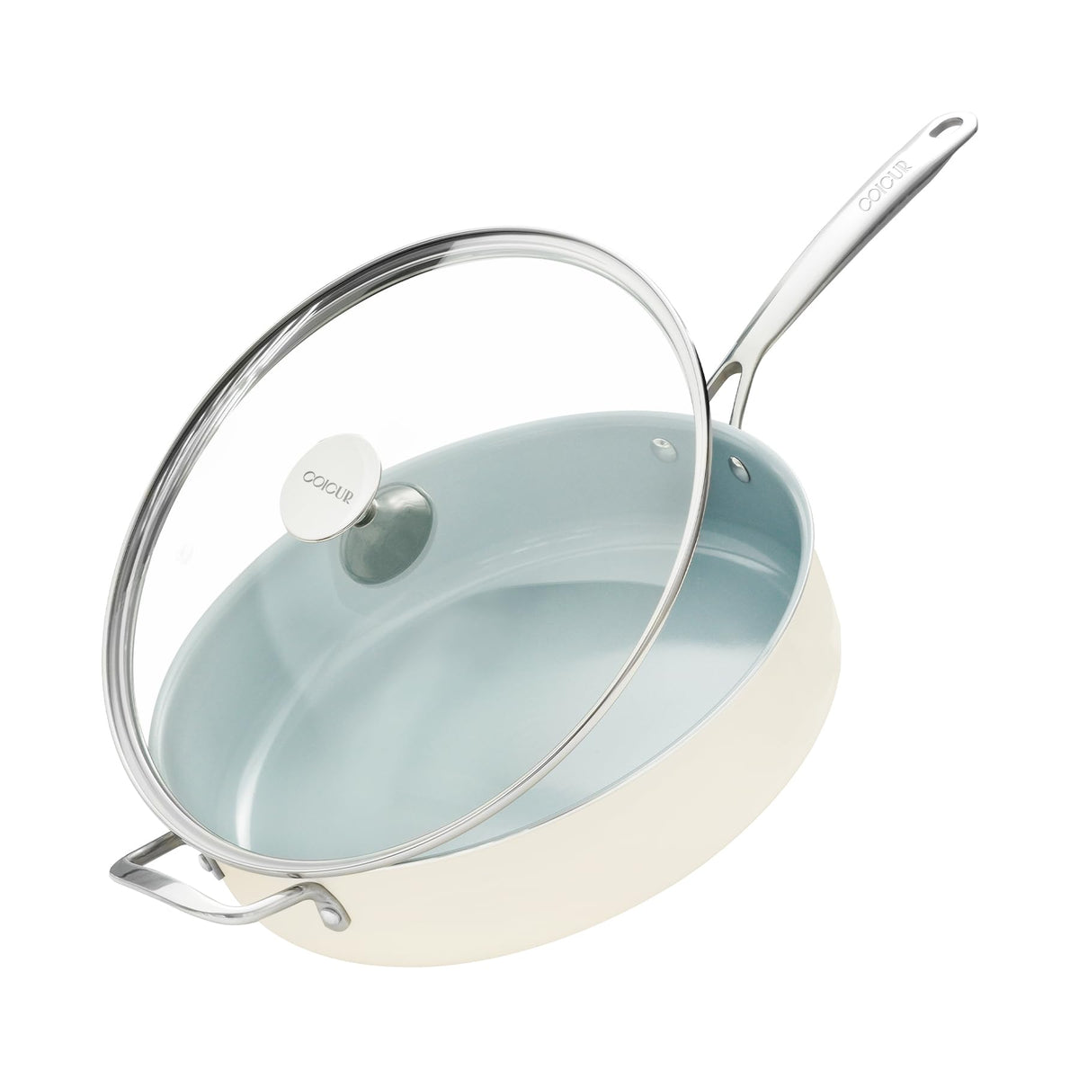 Coicur nonstick saute pan 12in with lid shows a roomy cooking surface.