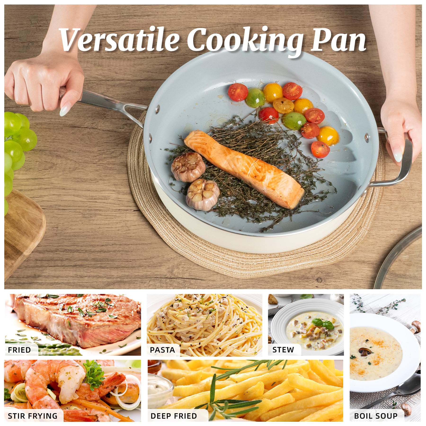 Coicur oven-safe pan up to 450°F for finishing dishes.