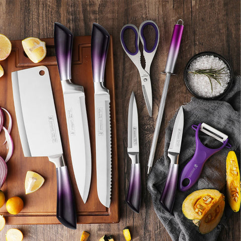 Cokinutvalleyus purple chef knife ready for precise, comfortable chopping.