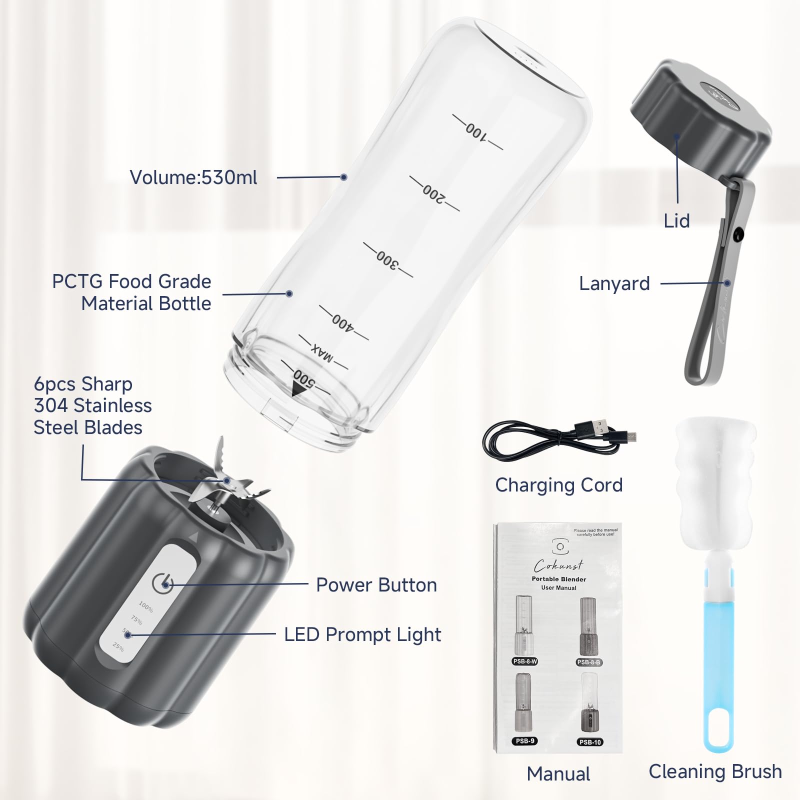 COKUNST portable blender with extra handle lid for travel