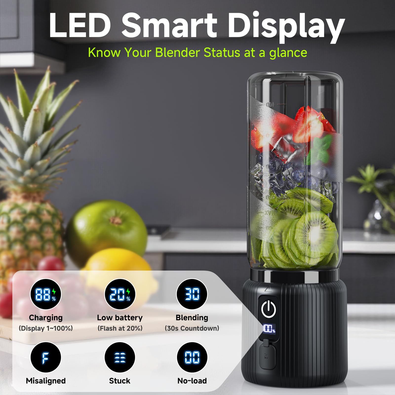 COKUNST portable blender features an LED display for battery status and blending progress.