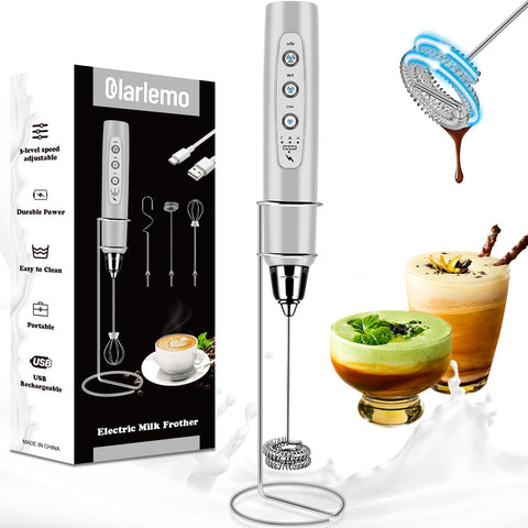 Colarlemo milk frother handheld with stand for easy countertop setup and quick froth.