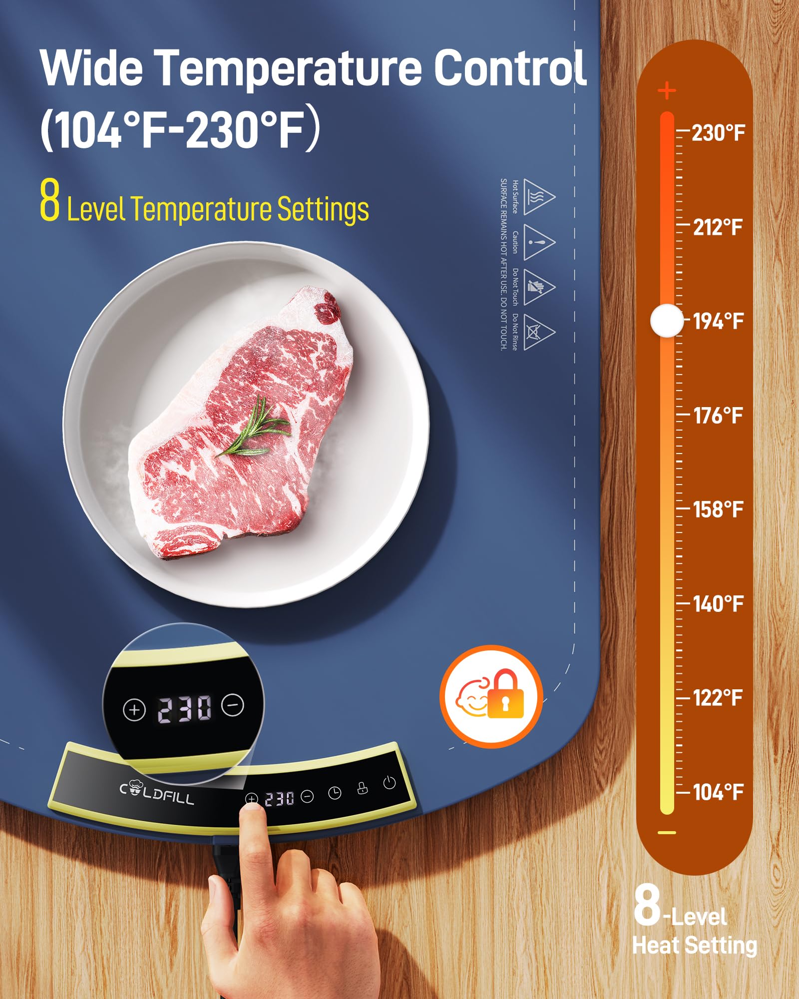 COLDFILL mat offers eight temperature levels for versatile dish warming