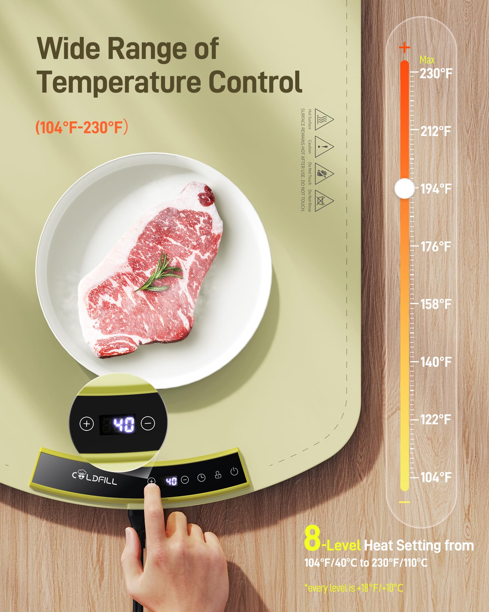 COLDFILL Warming mat offers 8 temperature settings for precise control.