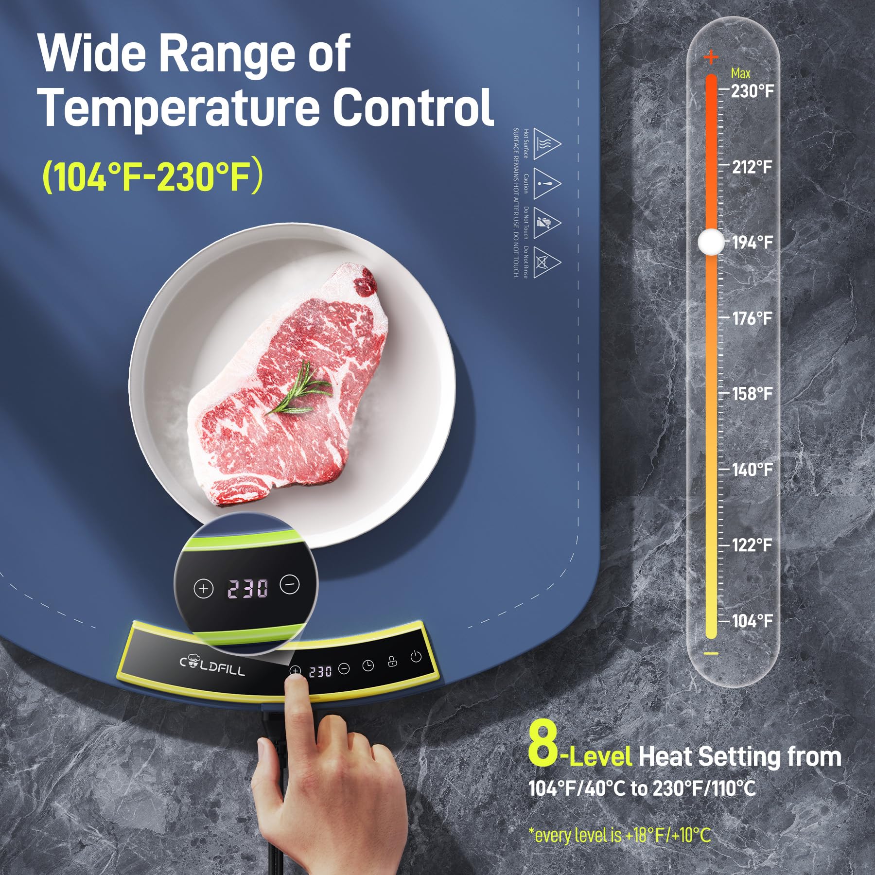 COLDFILL warming mat top view highlighting eight heat levels for precise warming
