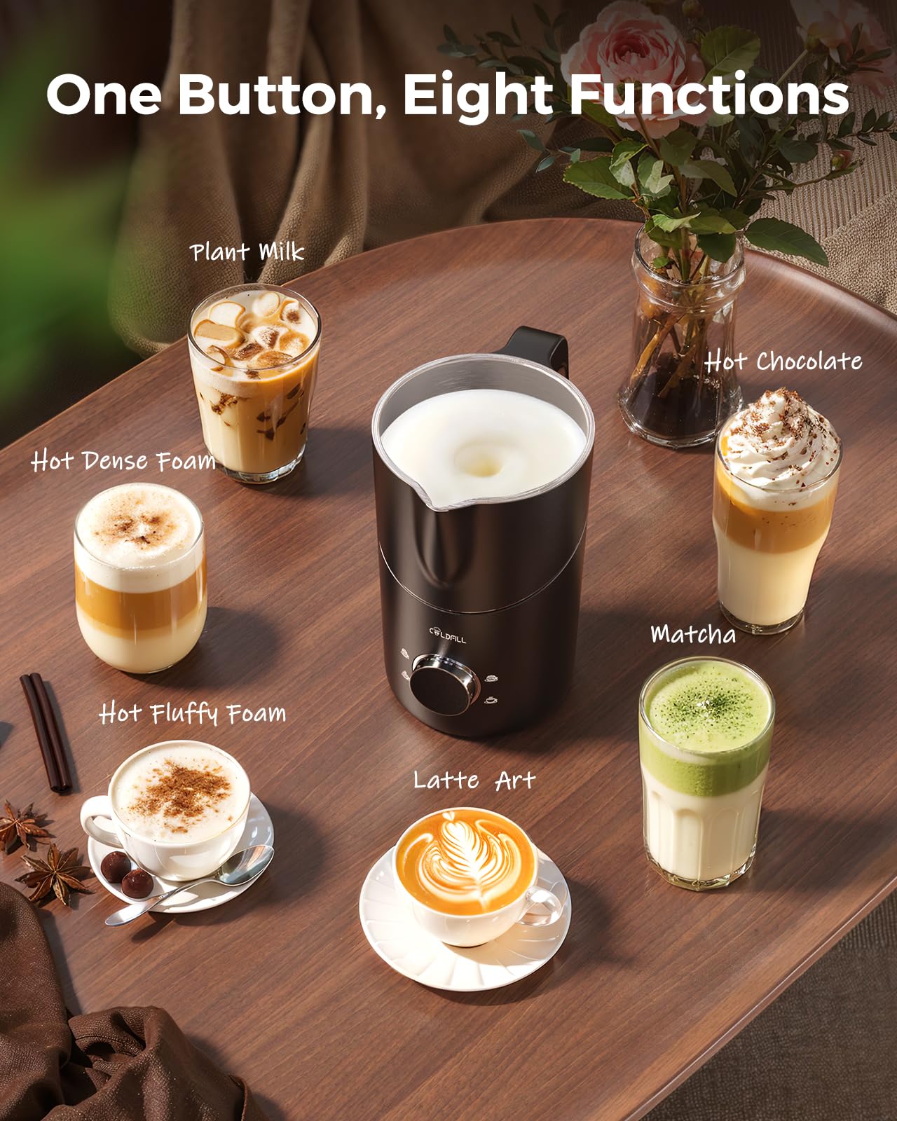COLDFILL milk frother foam details producing silky cappuccino microfoam.