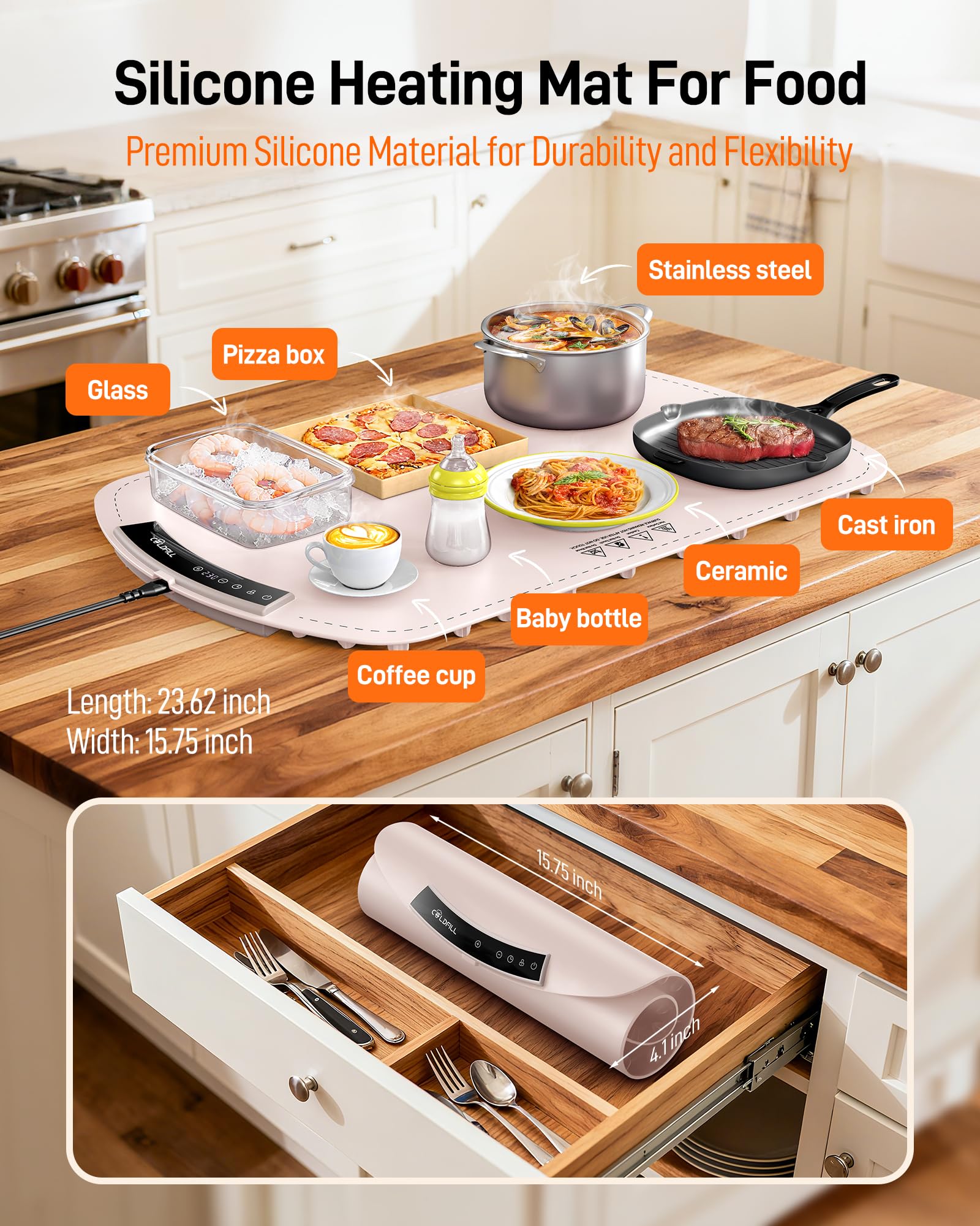 COLDFILL Warming Mat includes a four-hour timer for easy serving