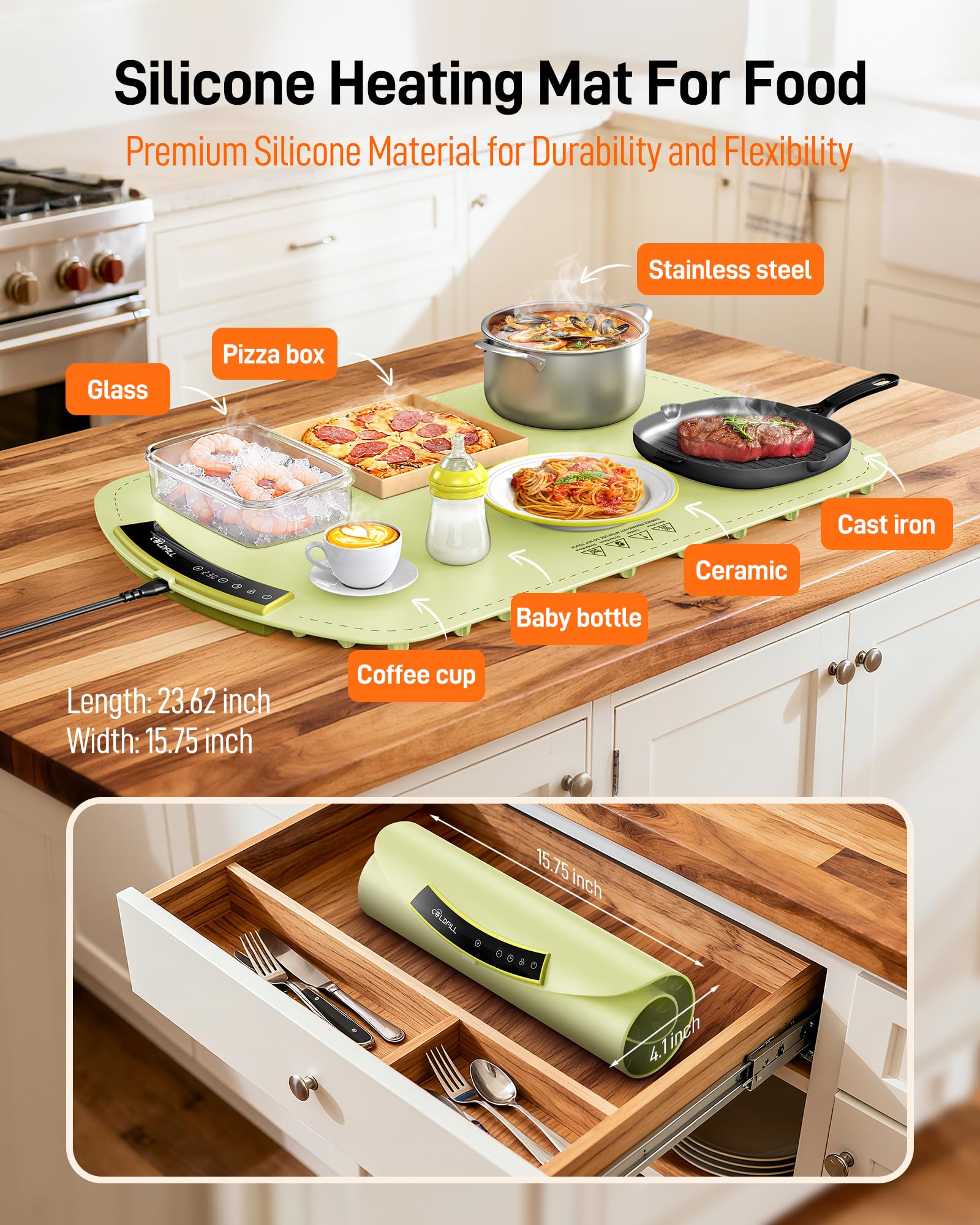 COLDFILL warming mat with 4-hour timer for convenient meal pacing