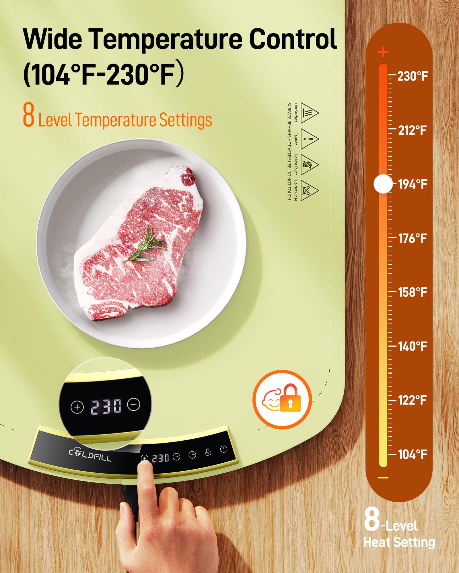 COLDFILL warming mat displaying 8-level temperature control for customizable warmth