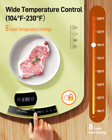 COLDFILL warming mat displaying 8-level temperature control for customizable warmth