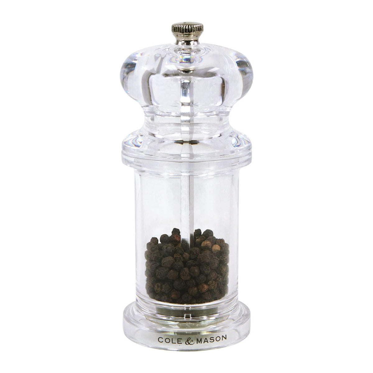 Cole & Mason 505 pepper mill with acrylic body for easy pepper monitoring and style.